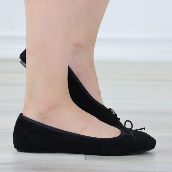 Black Ballet Flats Bow Detail Rounded Toe Slip-On Sherpa Upper - Picture 5 of 13
